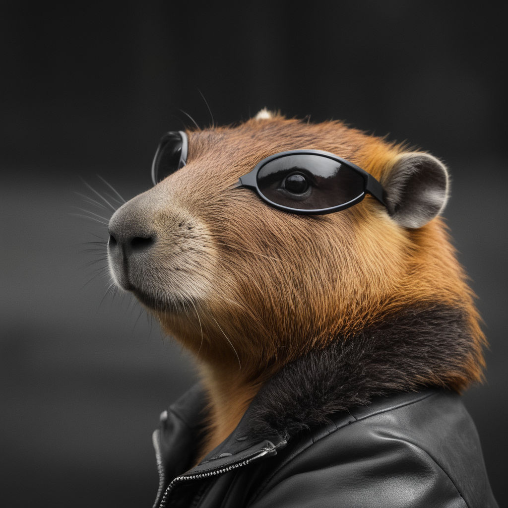 Generate a capybara wearing a leather jacket and sun glasses... by ...