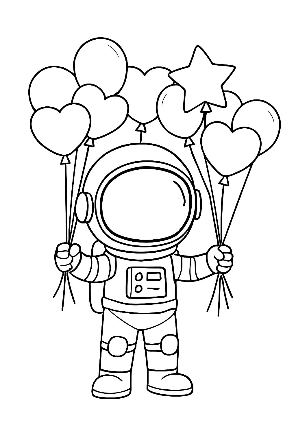 Cheerful Astronaut Holding Balloons Cartoon Line Drawing Coloring Book Pages