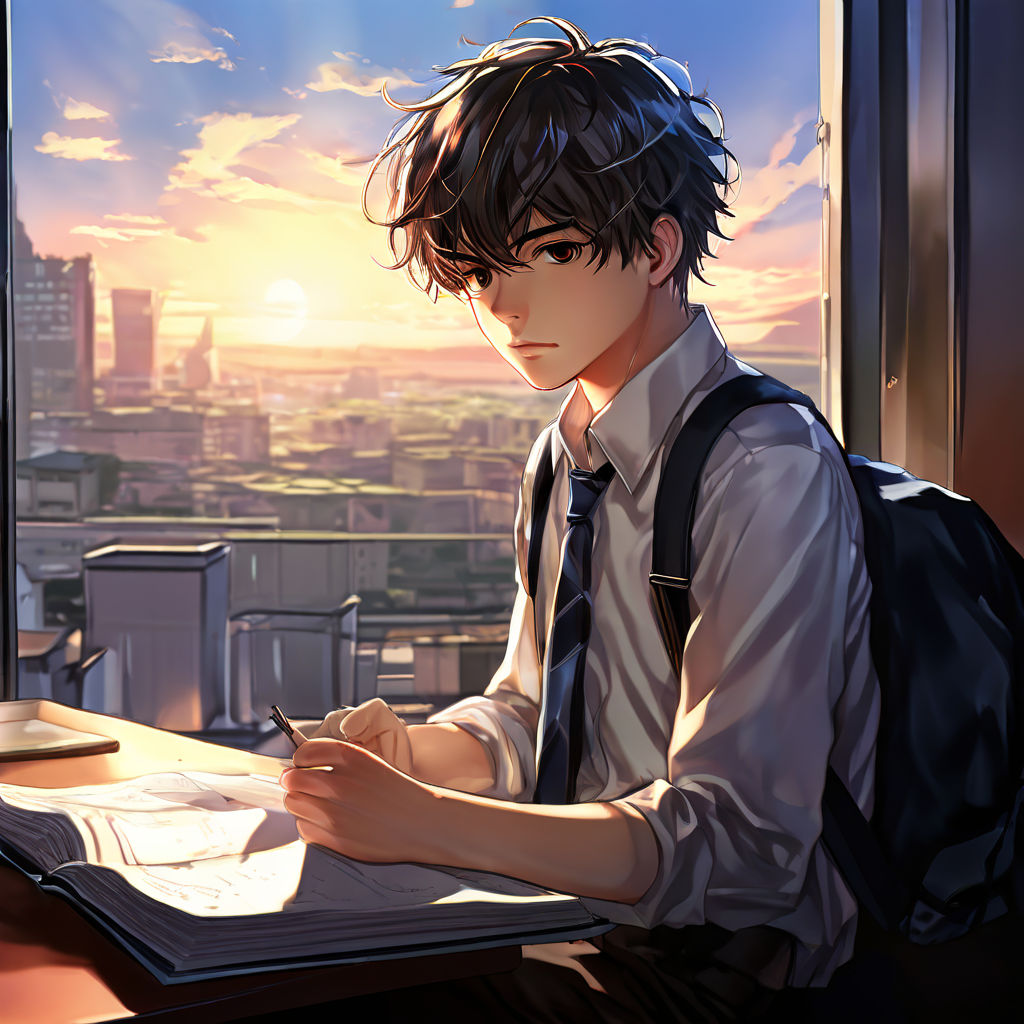 A anime boy sitting on chair and studying