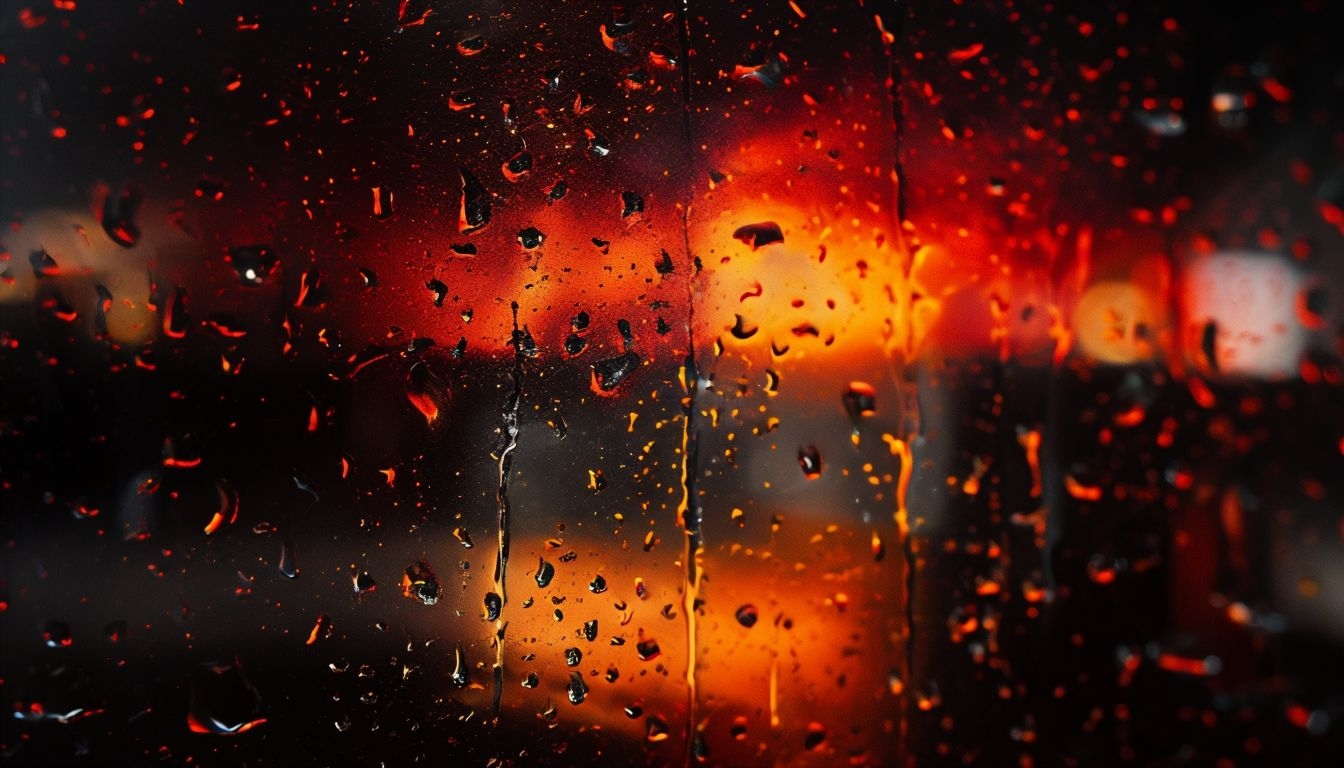 Moody Raindrop-Covered Window with Warm City Lights Backgrounds