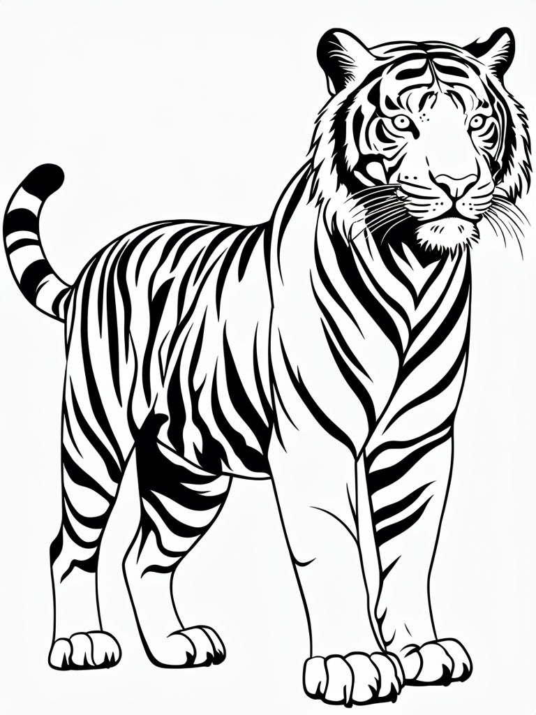 Elegant Black-and-White Tiger Line Drawing for Coloring Book Pages