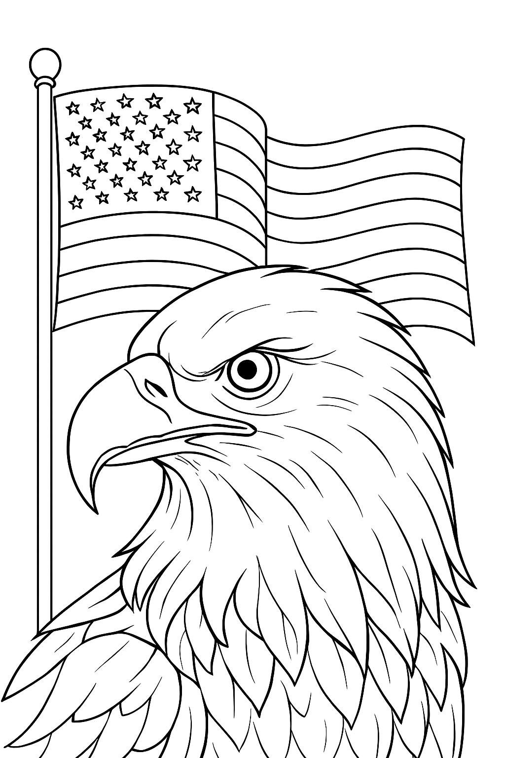 Intricate Eagle Head with American Flag Line Drawing Coloring Book Pages
