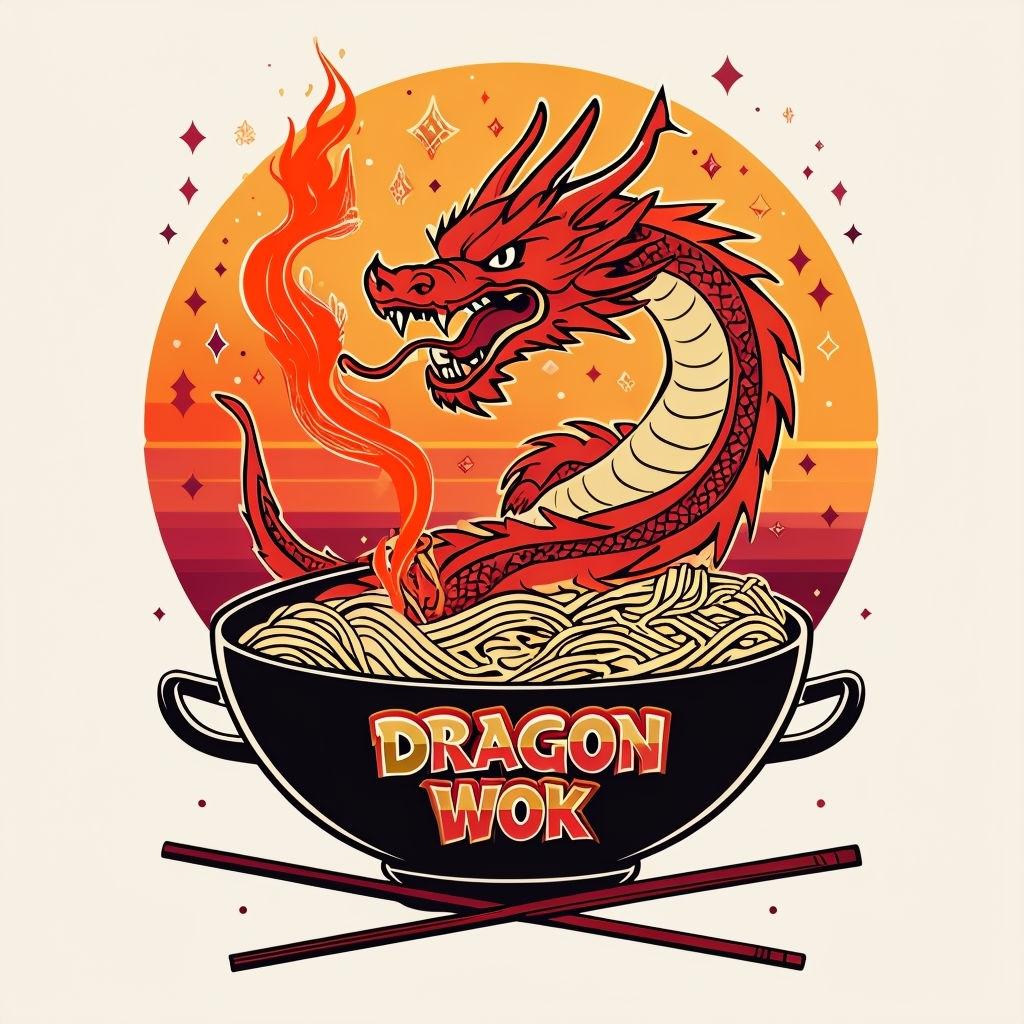 Vibrant Dragon Wok Cartoon Illustration for Food Poster