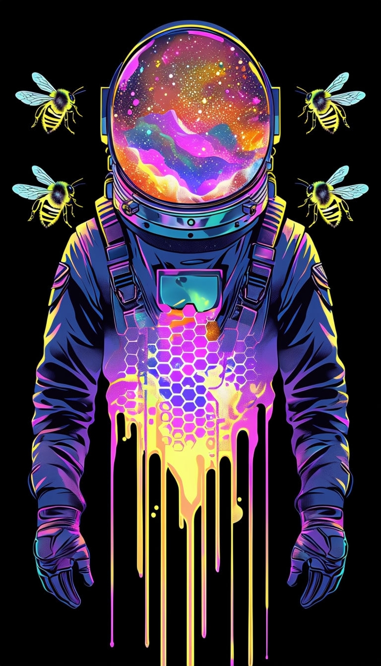 Futuristic Astronaut with Cosmic Colors and Neon Bees Mobile Wallpaper