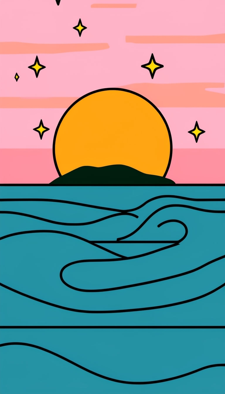Vibrant Sunrise Over Ocean with Abstract Island Illustration Mobile Wallpaper