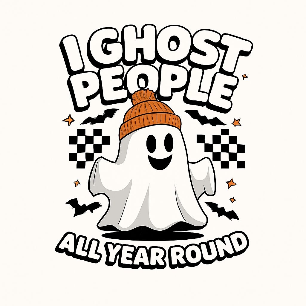 Cheerful Cartoon Ghost with Beanie and Fun Halloween Text Sticker