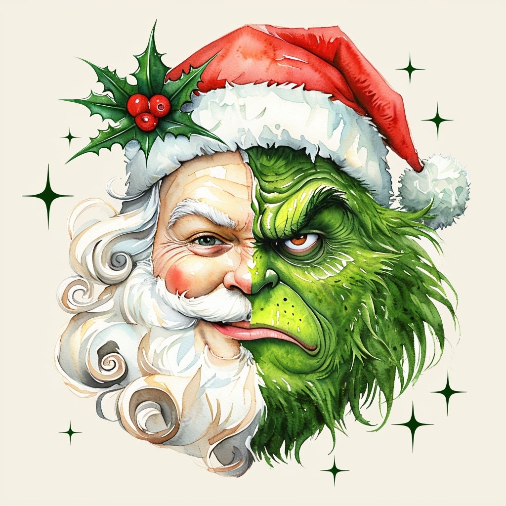 Christmas Duality Santa Grinch Watercolor T-Shirt