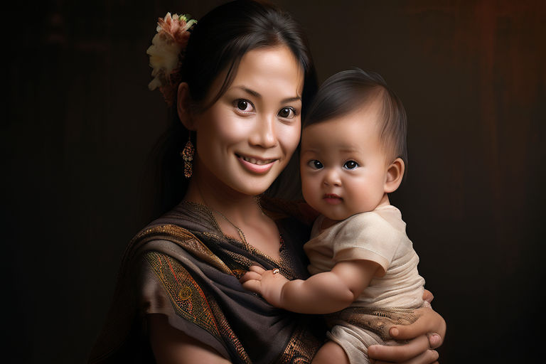 Woman holding a cute baby boy thai style by Nop Yim - Playground