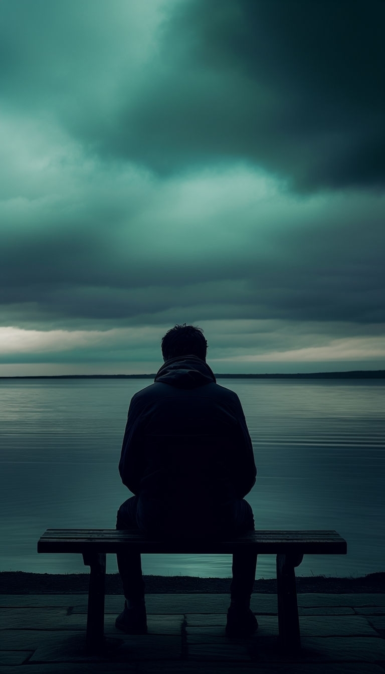 Solitary Figure by Calm Water Under Overcast Sky Mobile Wallpaper