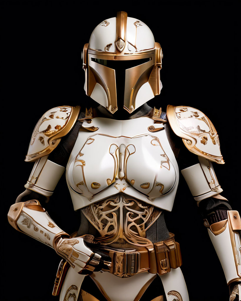 accentuating her curves without compromising functionality. Helmet: Her  helmet retains the Mandalorian T-visor design