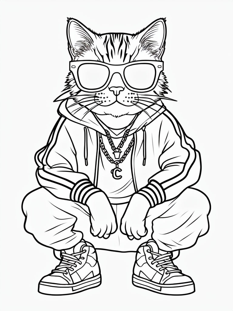 Stylish Streetwear Cat Illustration for Coloring Book Pages