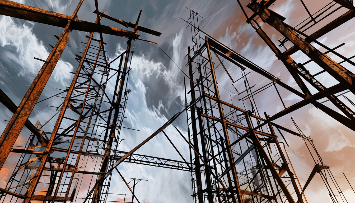 Abstract Rusty Metal Structures with Turbulent Cloud Background Wallpaper Virtual Backgrounds
