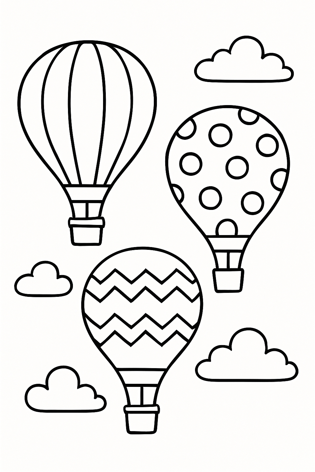 Playful Hot Air Balloons and Clouds Line Drawing Coloring Page