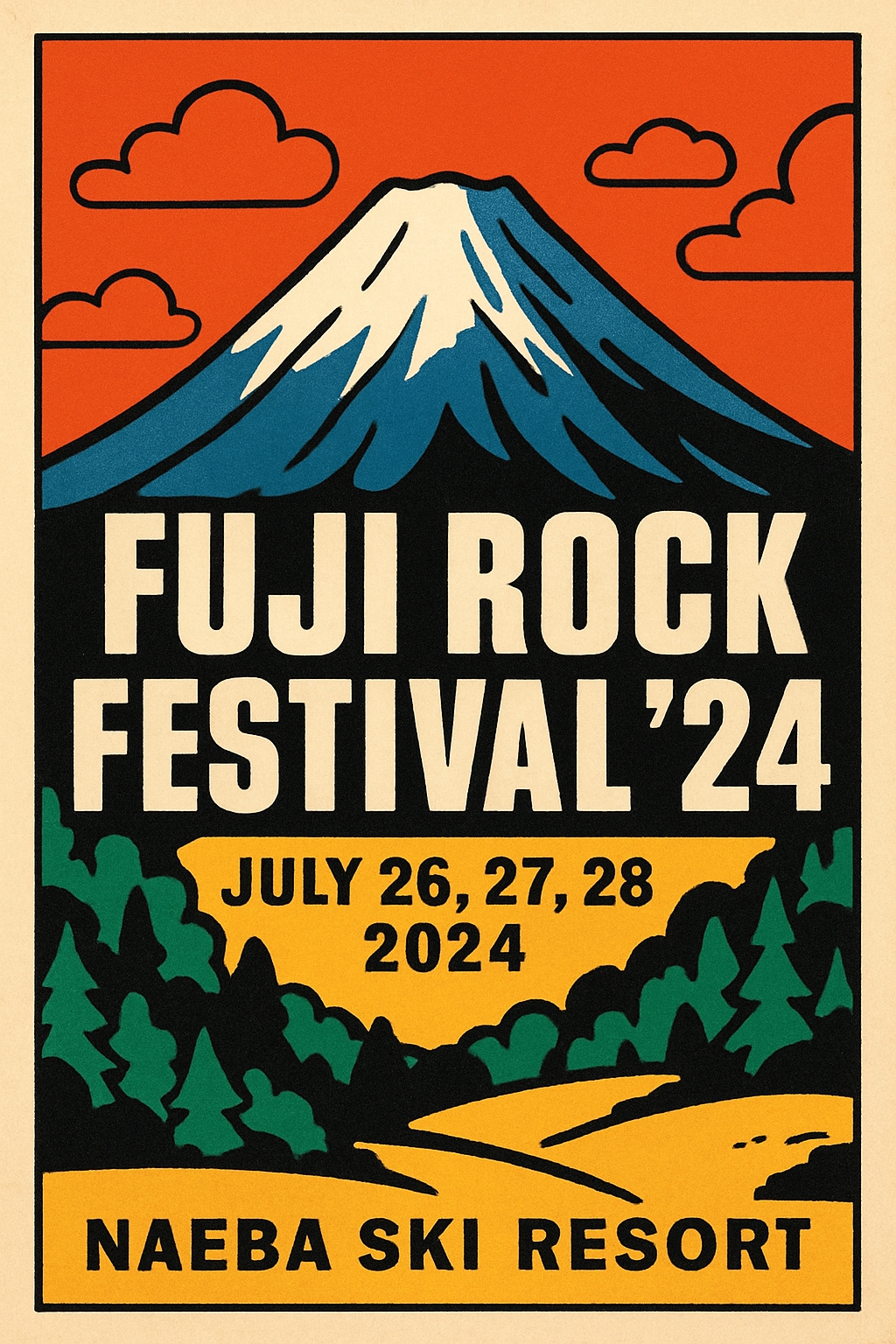 Vintage Fuji Rock Festival 2024 Poster with Mount Fuji Illustration