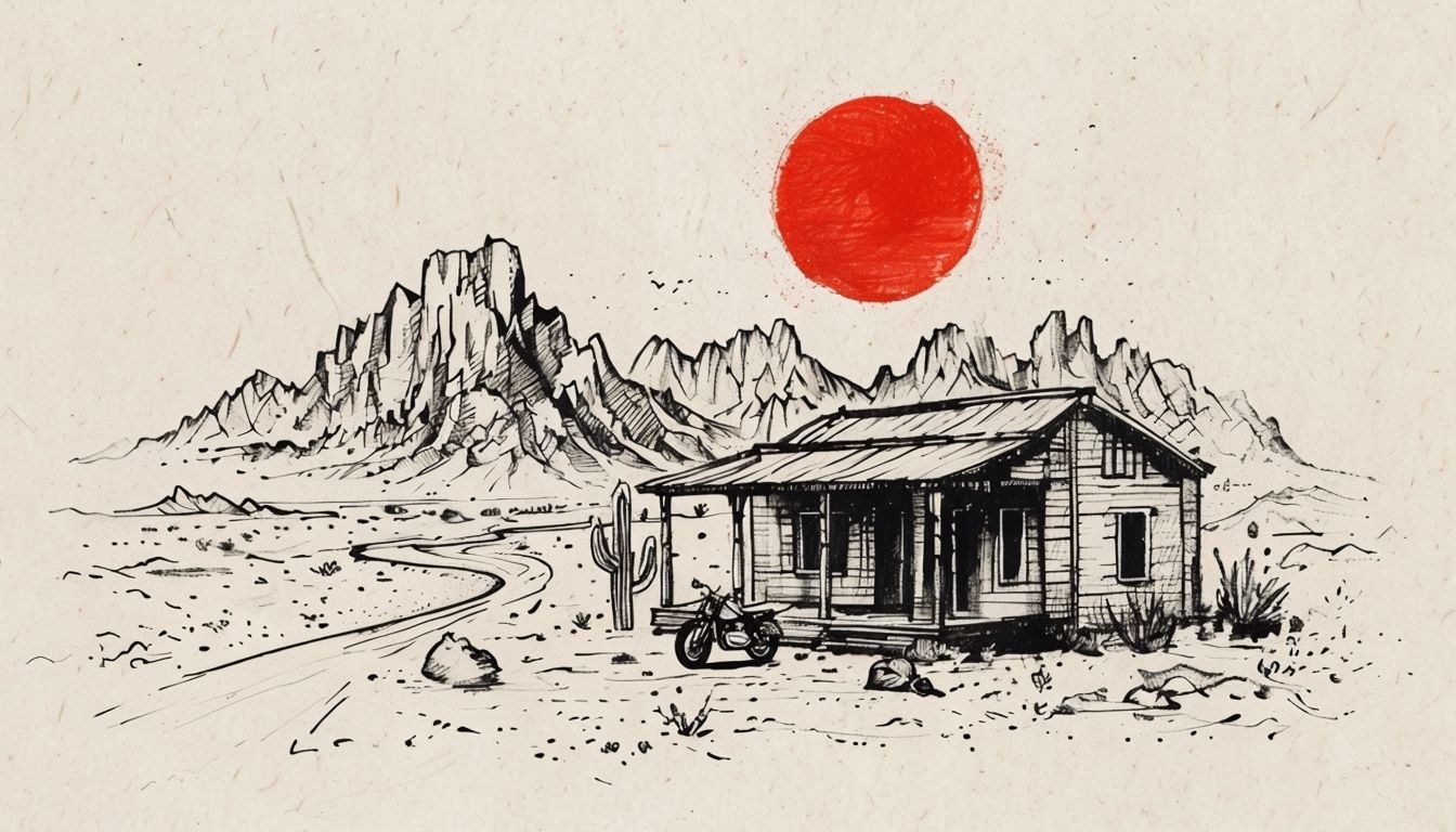 Rustic Desert Cabin with Vivid Red Sun Illustration Background