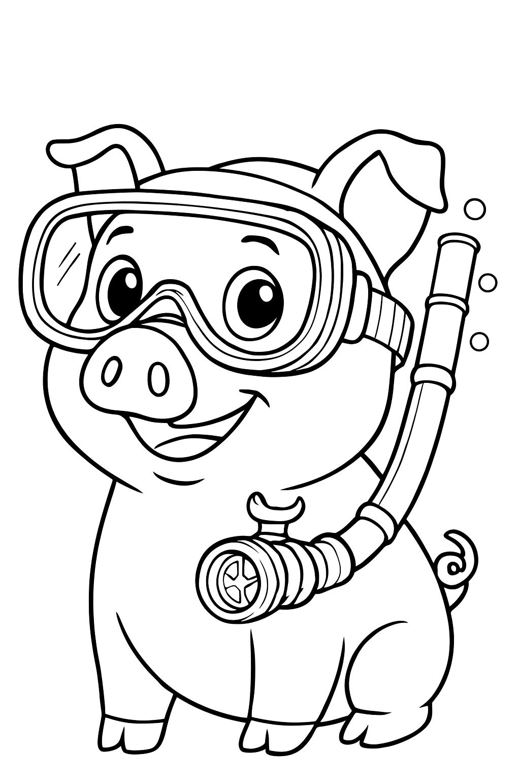 Adorable Cartoon Pig with Goggles and Snorkel Coloring Page