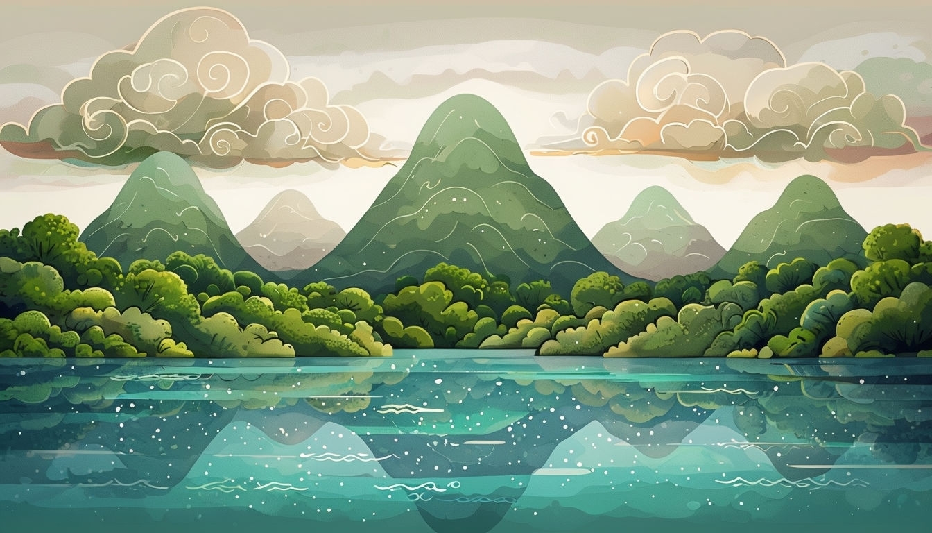 Tranquil Cartoon Landscape with Water and Mountains Virtual Backgrounds