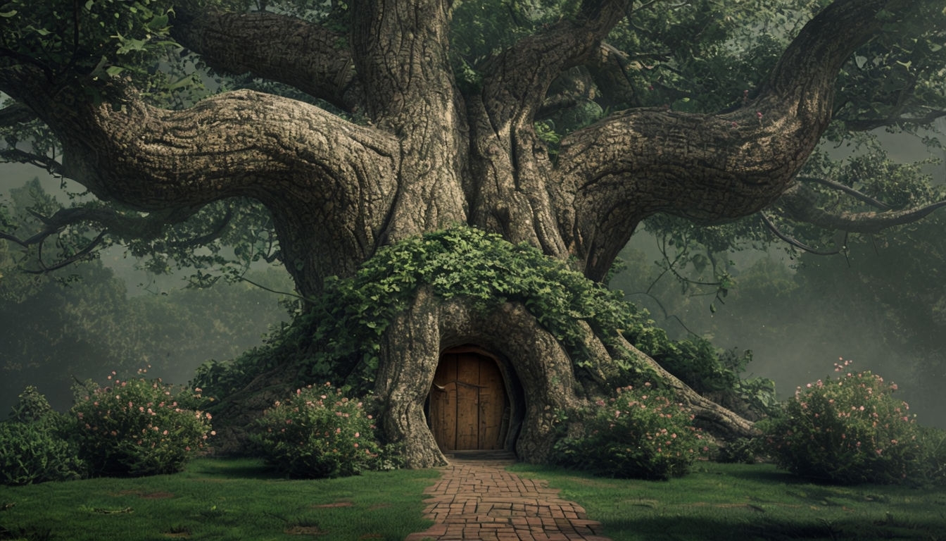Enchanting Ancient Tree with Cozy Doorway Virtual Background