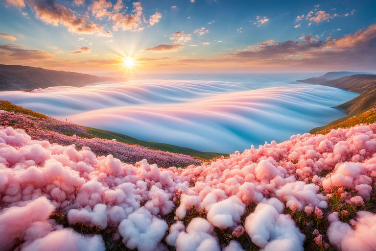 Pink cotton candy against blue sky with clouds