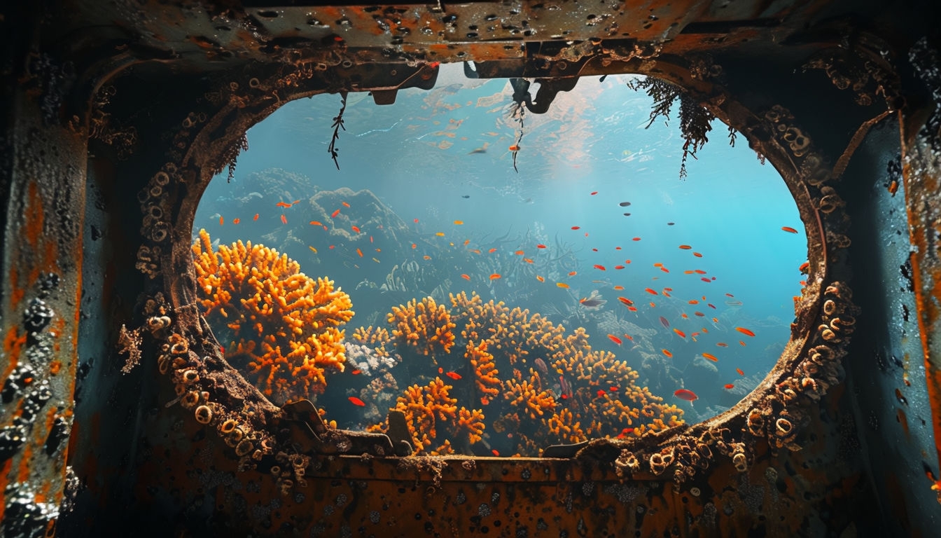 Submerged Shipwreck View with Vibrant Coral Reef Virtual Background