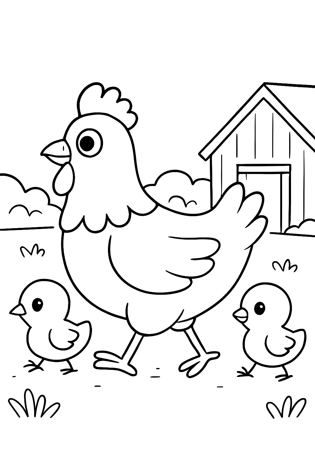 Cheerful Farm Scene with Cartoon Chickens Coloring Page