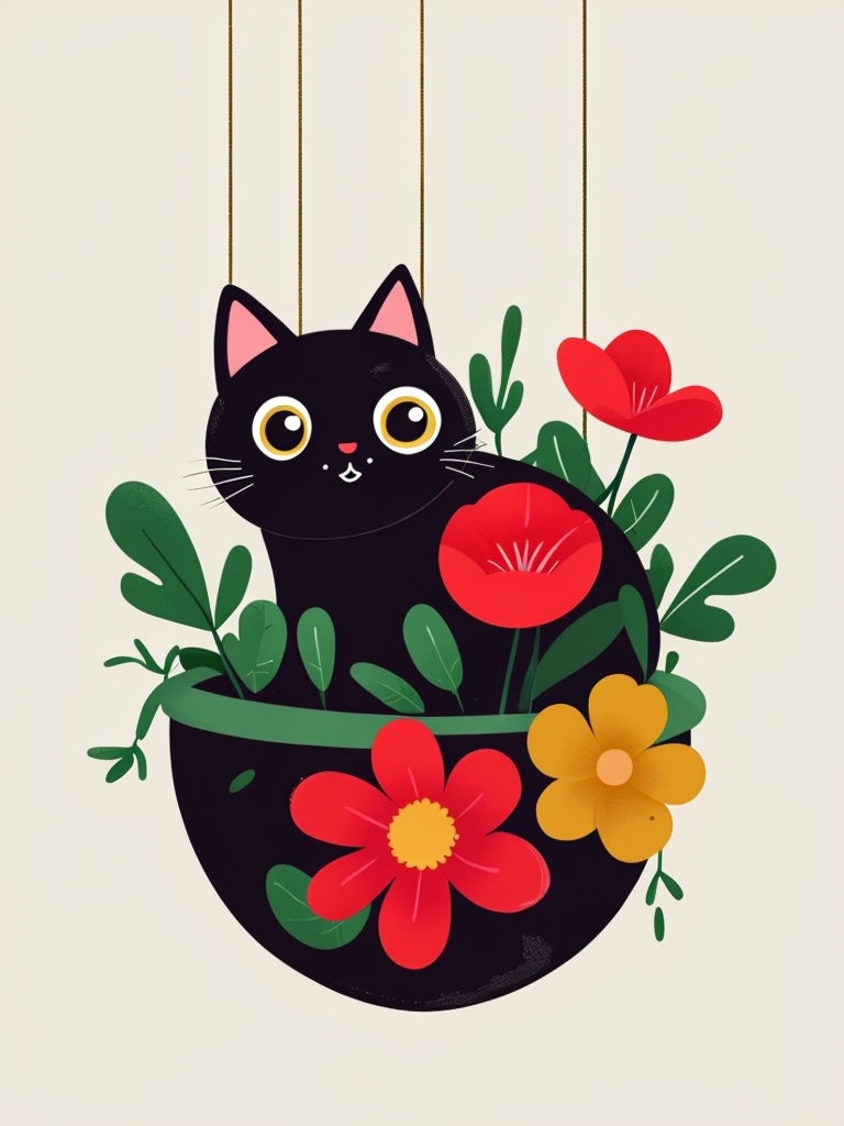 Whimsical Black Cat in Flower Planter Digital Illustration Art