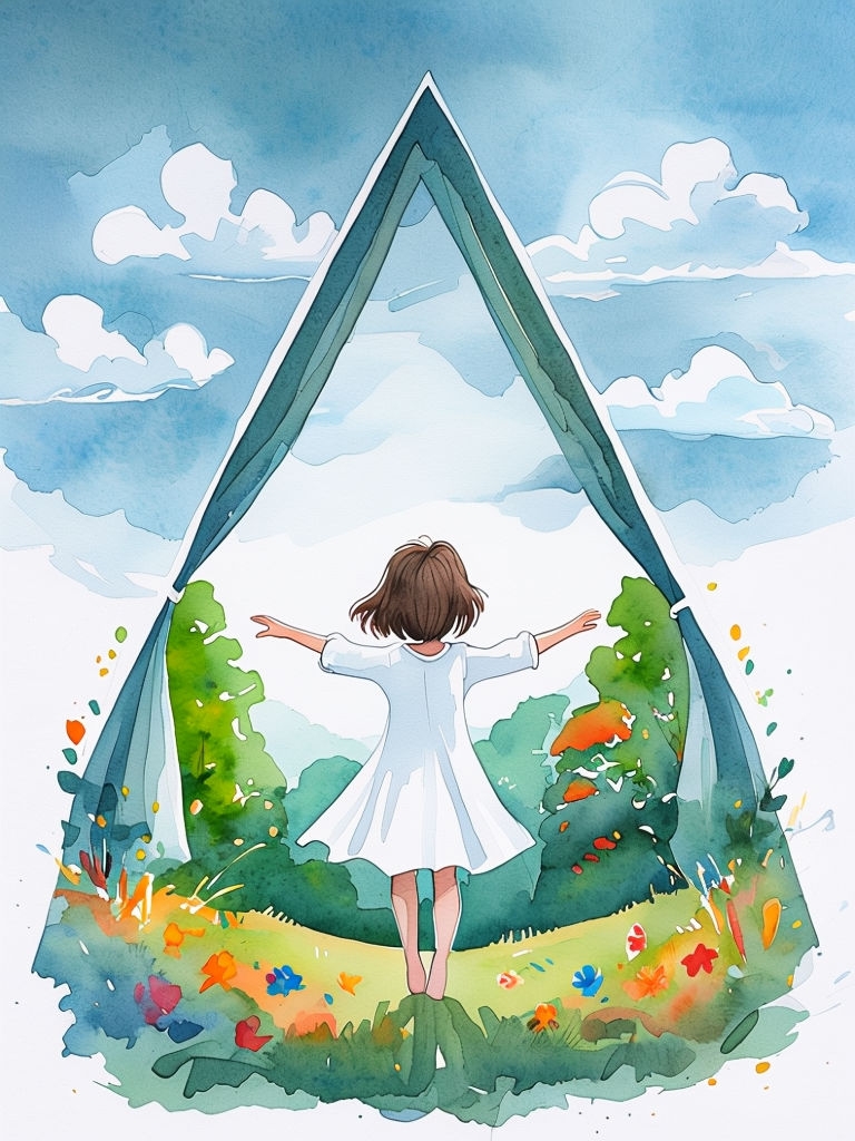 Whimsical Watercolor Girl Revealing Vibrant Nature Scene Art