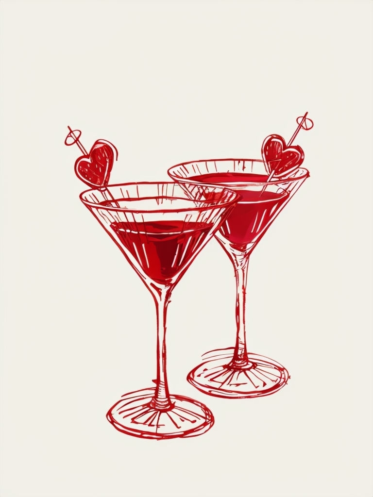 Minimalist Red Martini Glasses Line Drawing Art