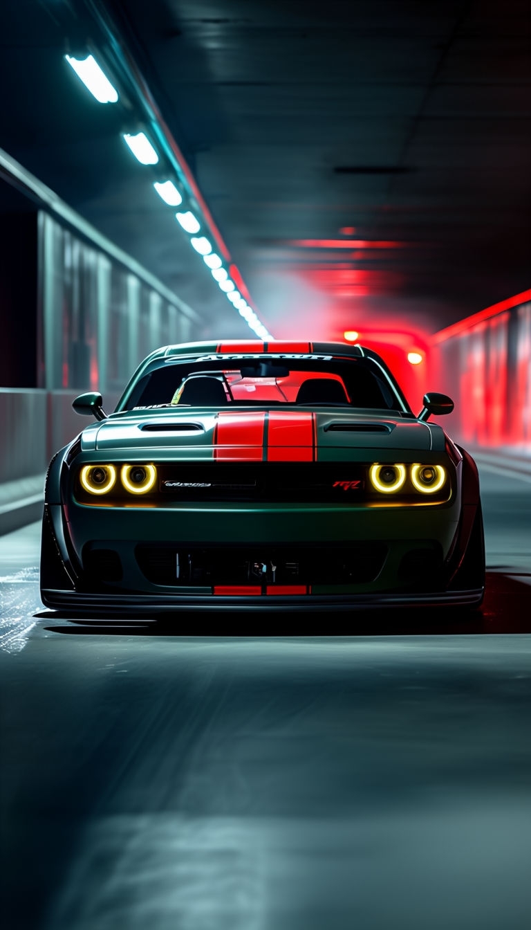 Modified Dark Green Dodge Challenger in Dramatic Tunnel Setting Mobile Wallpaper