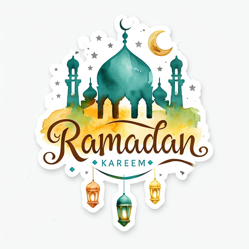 Teal Mosque Silhouette Ramadan Kareem Lanterns Watercolor Sticker