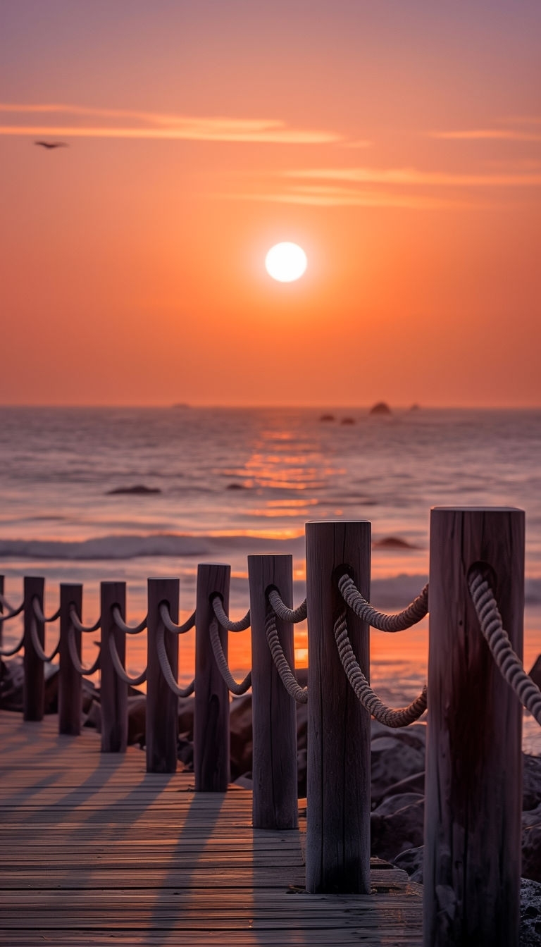 Serene Coastal Sunset Boardwalk Scene with Warm Hues Mobile Wallpaper