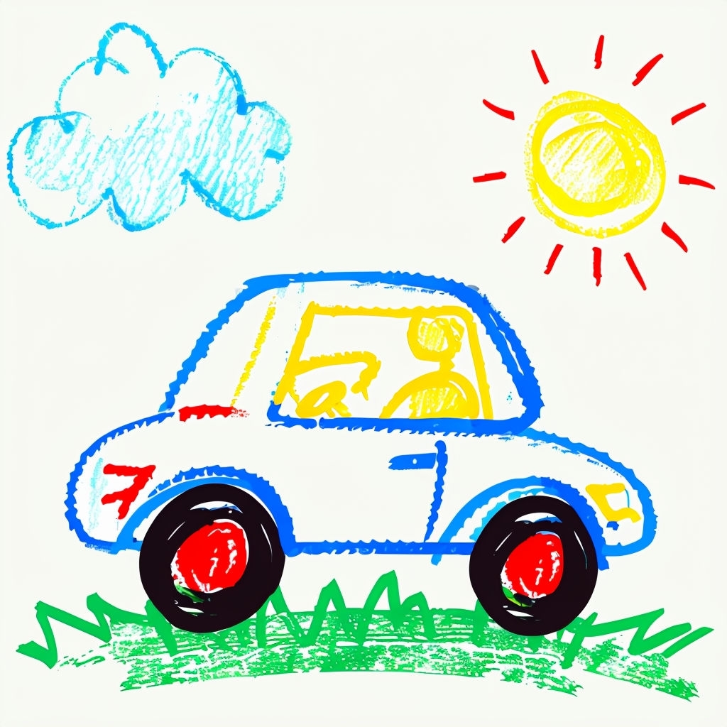 Colorful Childlike Crayon Drawing of a Car and Sun Art