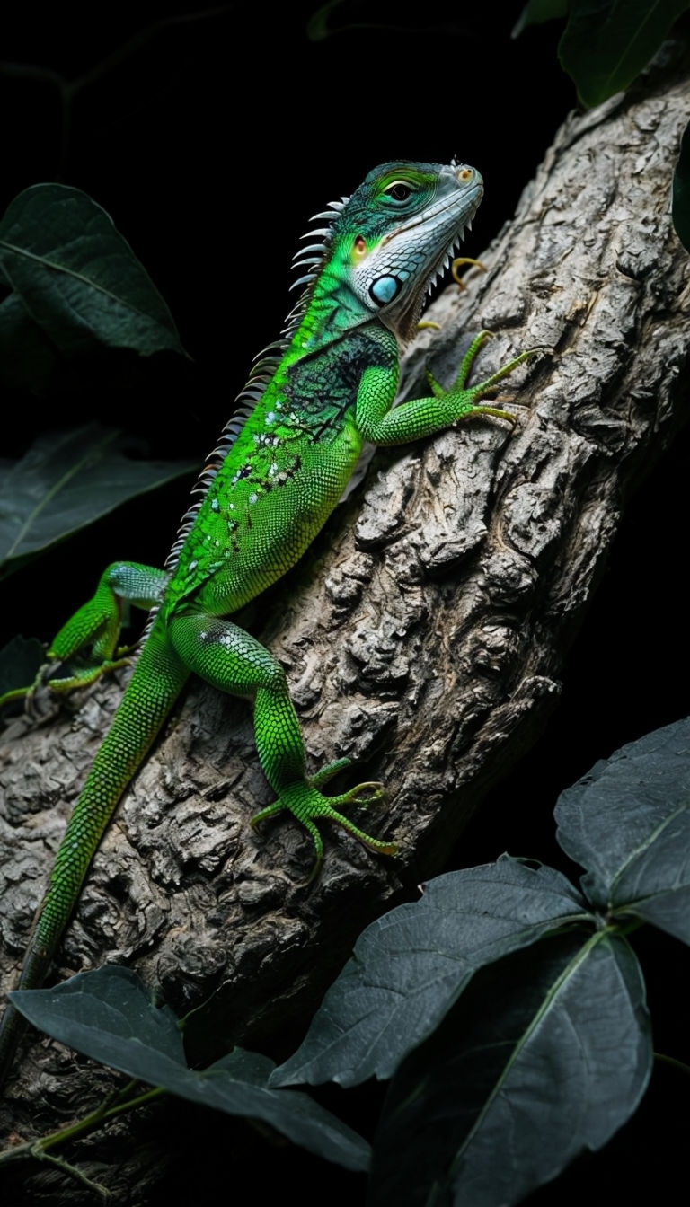 Vibrant Green Lizard on Textured Branch Wildlife Photography Mobile Wallpaper