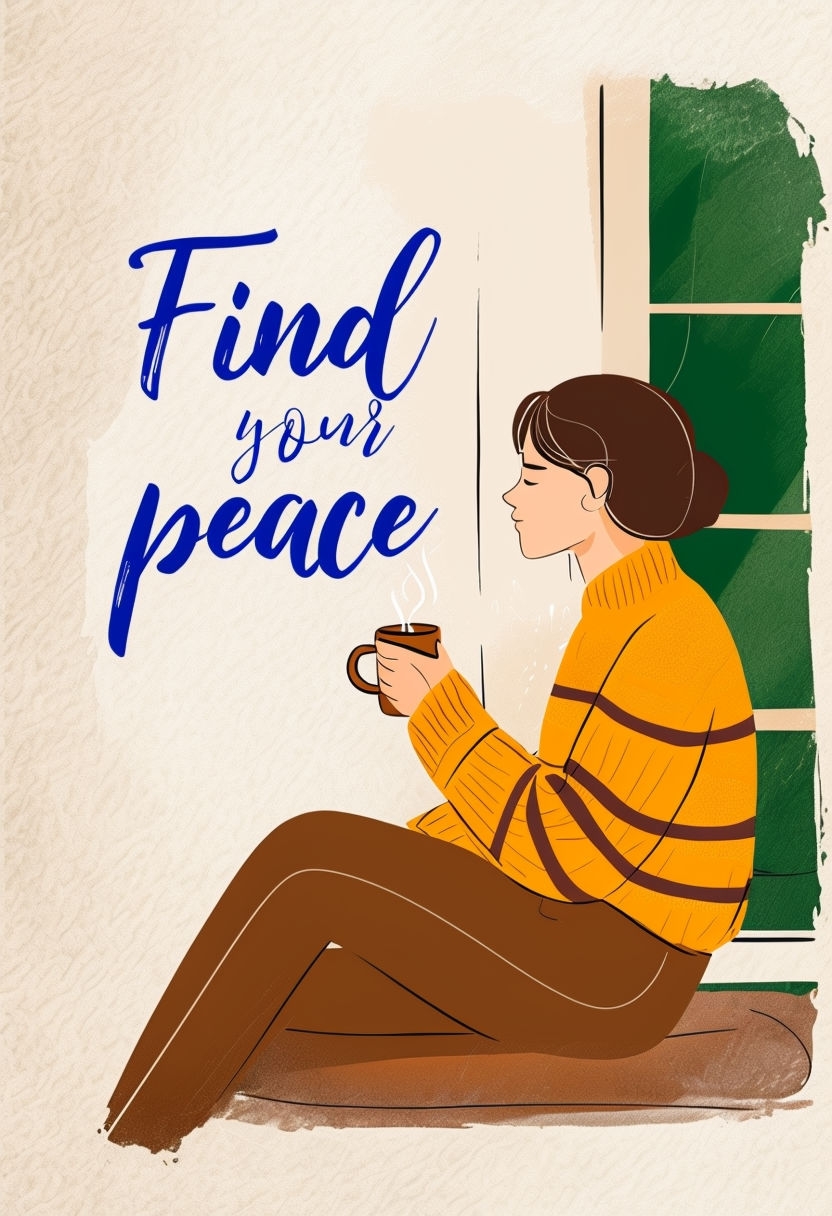 Cozy Autumn Reflection: Find Your Peace Digital Illustration Poster