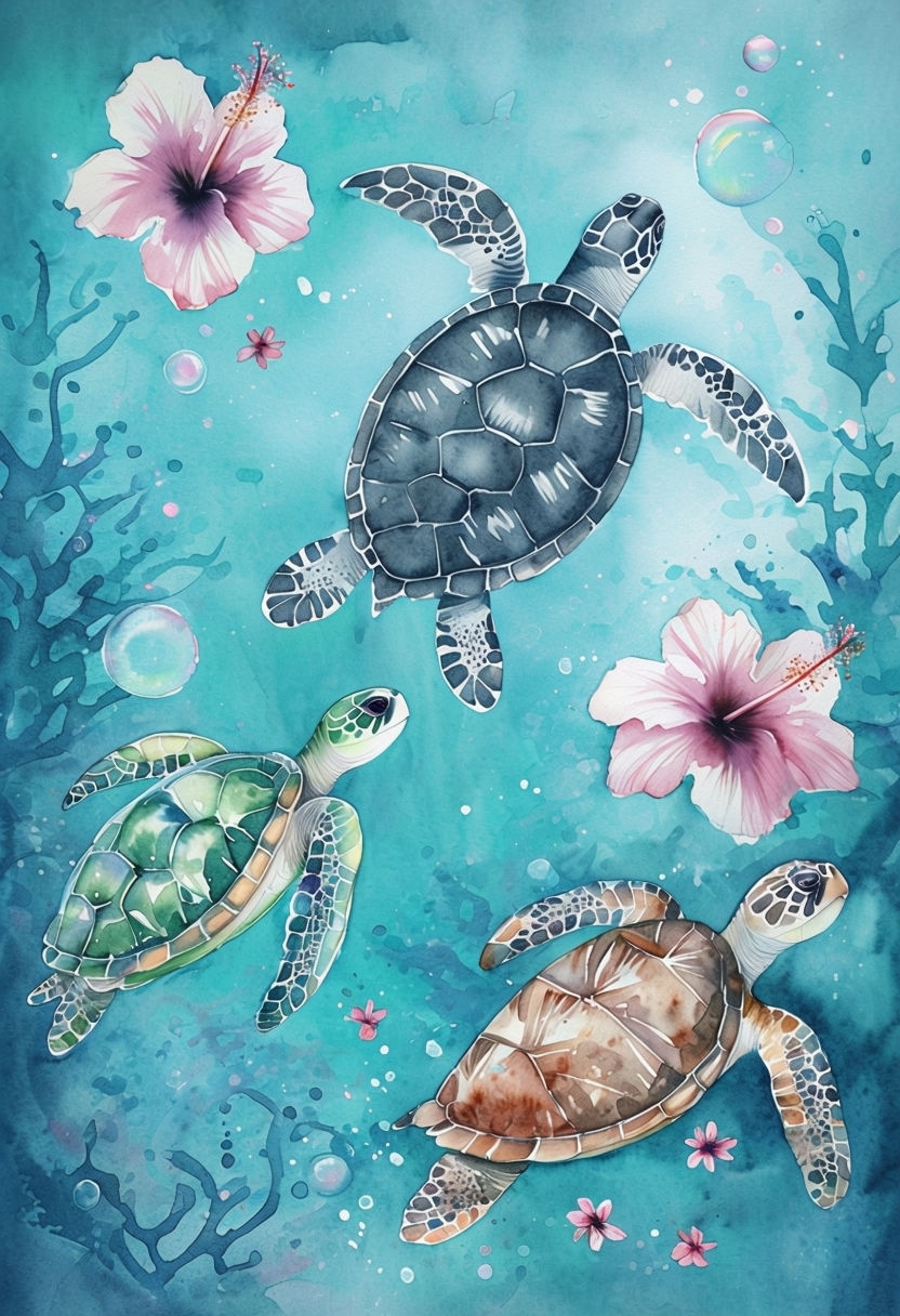 Whimsical Watercolor Sea Turtles Swimming in Tranquil Ocean Poster