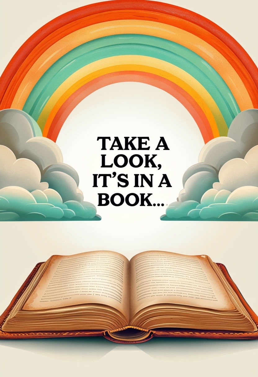 Vintage Rainbow Book Illustration with Whimsical Clouds Poster