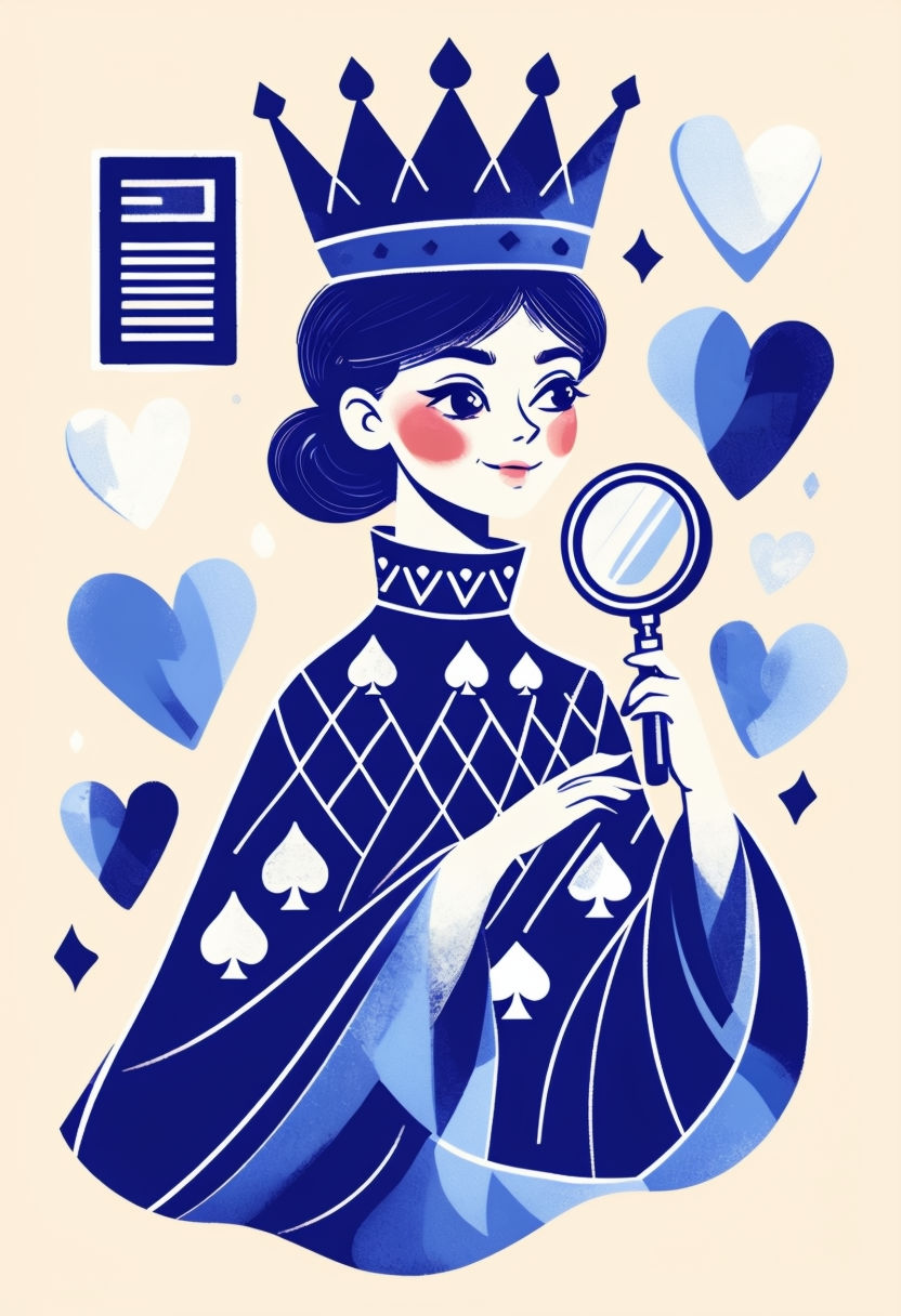 Enchanting Cartoon Queen with Magnifying Glass Illustration Art