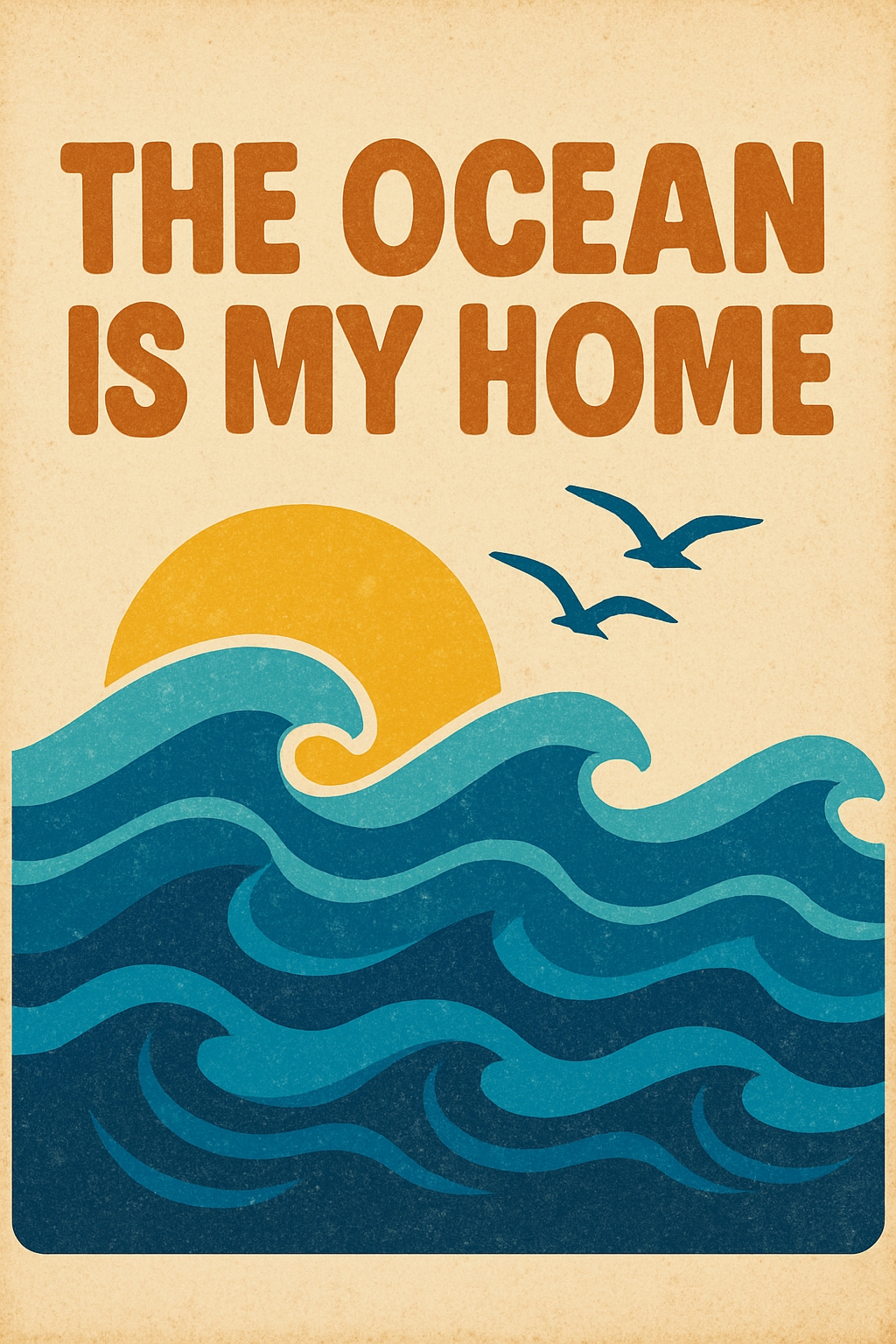 Vintage Ocean Home Illustration with Waves and Seagulls Poster
