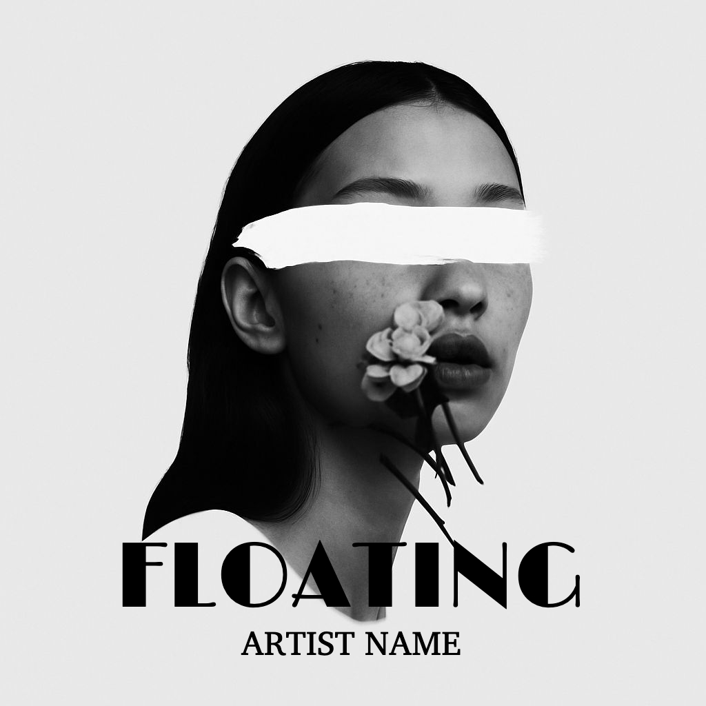 Surreal Black and White Portrait with Floating Text Album Cover