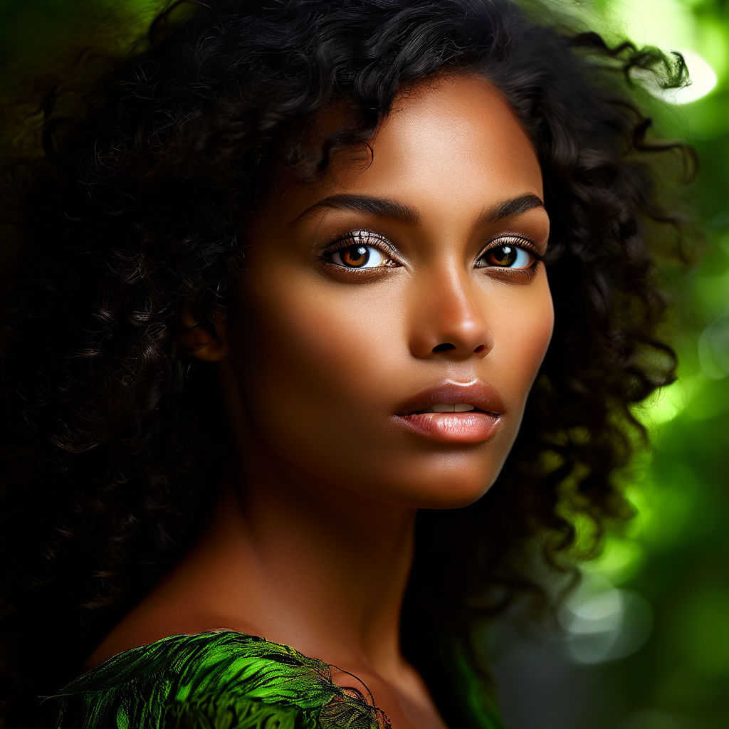 Sexy hippy black woman with green eyes with curly hair