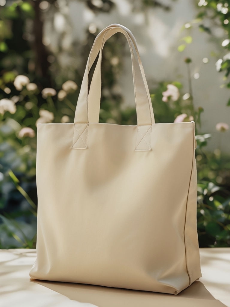 Minimalist Beige Tote Bag in Serene Garden Setting Mockup