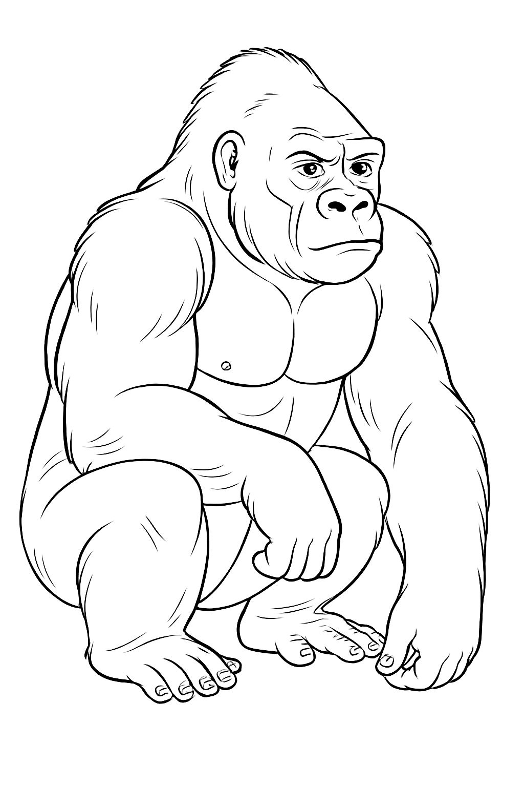 Muscular Gorilla Contemplating in Bold Black and White Line Drawing Coloring Book Pages