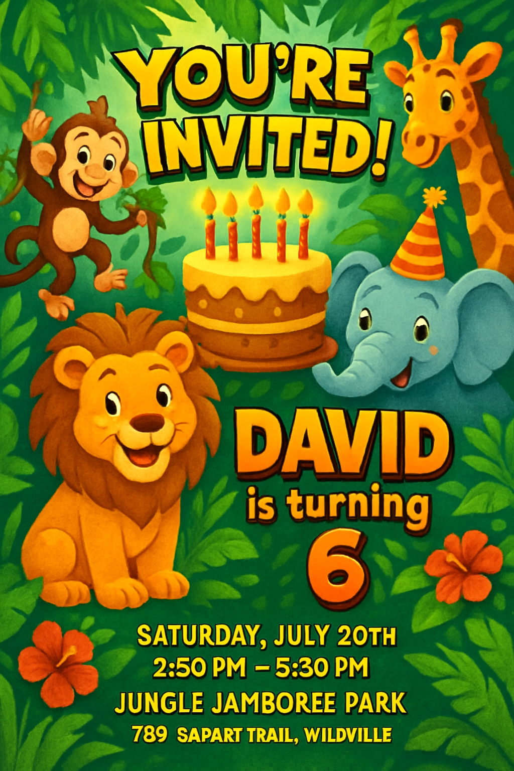 Vibrant Jungle Birthday Invitation for David's 6th Celebration Card