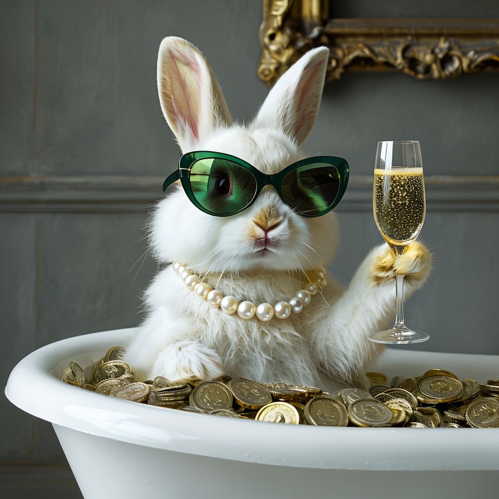 Whimsical White Rabbit in Bathtub of Gold Coins T-Shirt