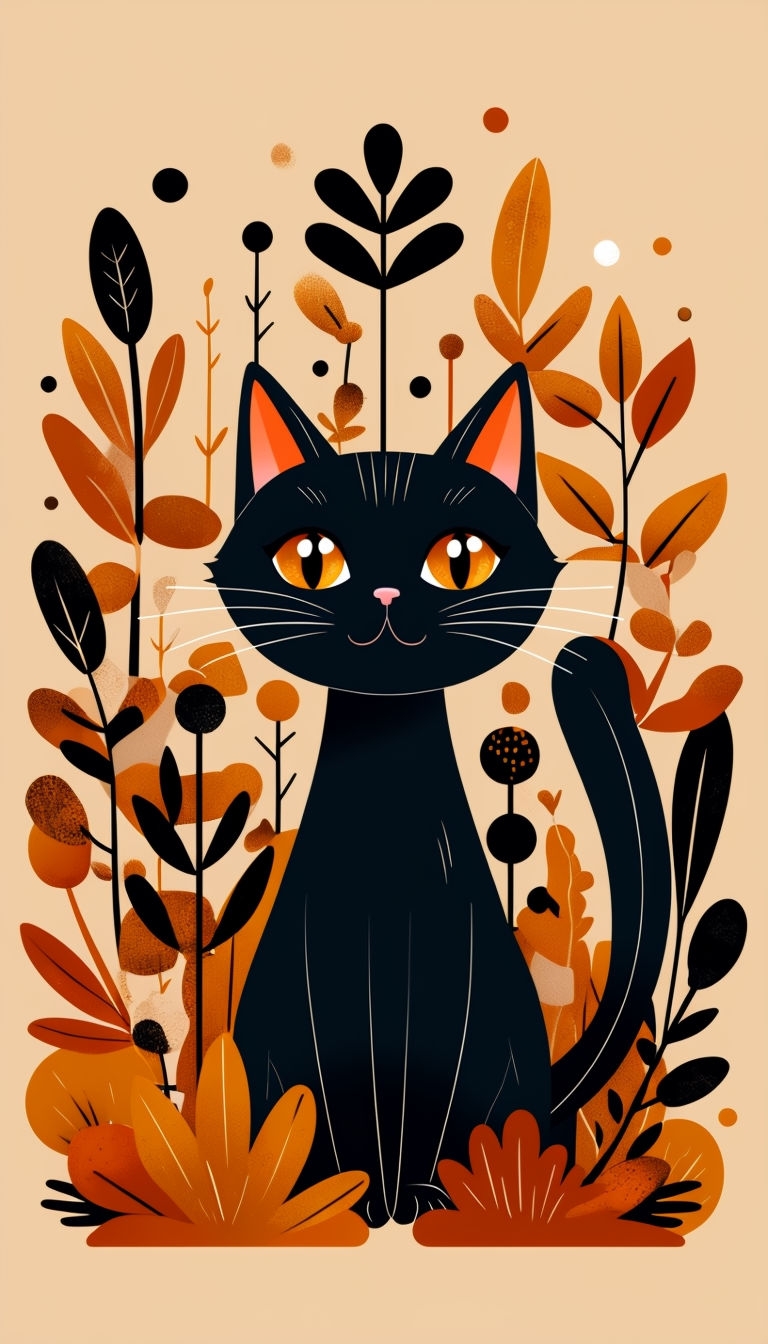 Whimsical Cartoon Black Cat Surrounded by Stylized Plants Mobile Wallpaper