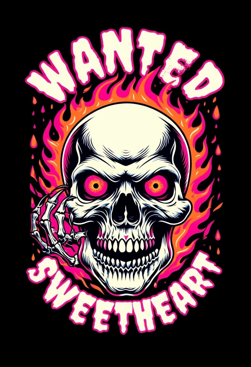 Menacing Skull with Fiery Flames and Distressed Text T-Shirt