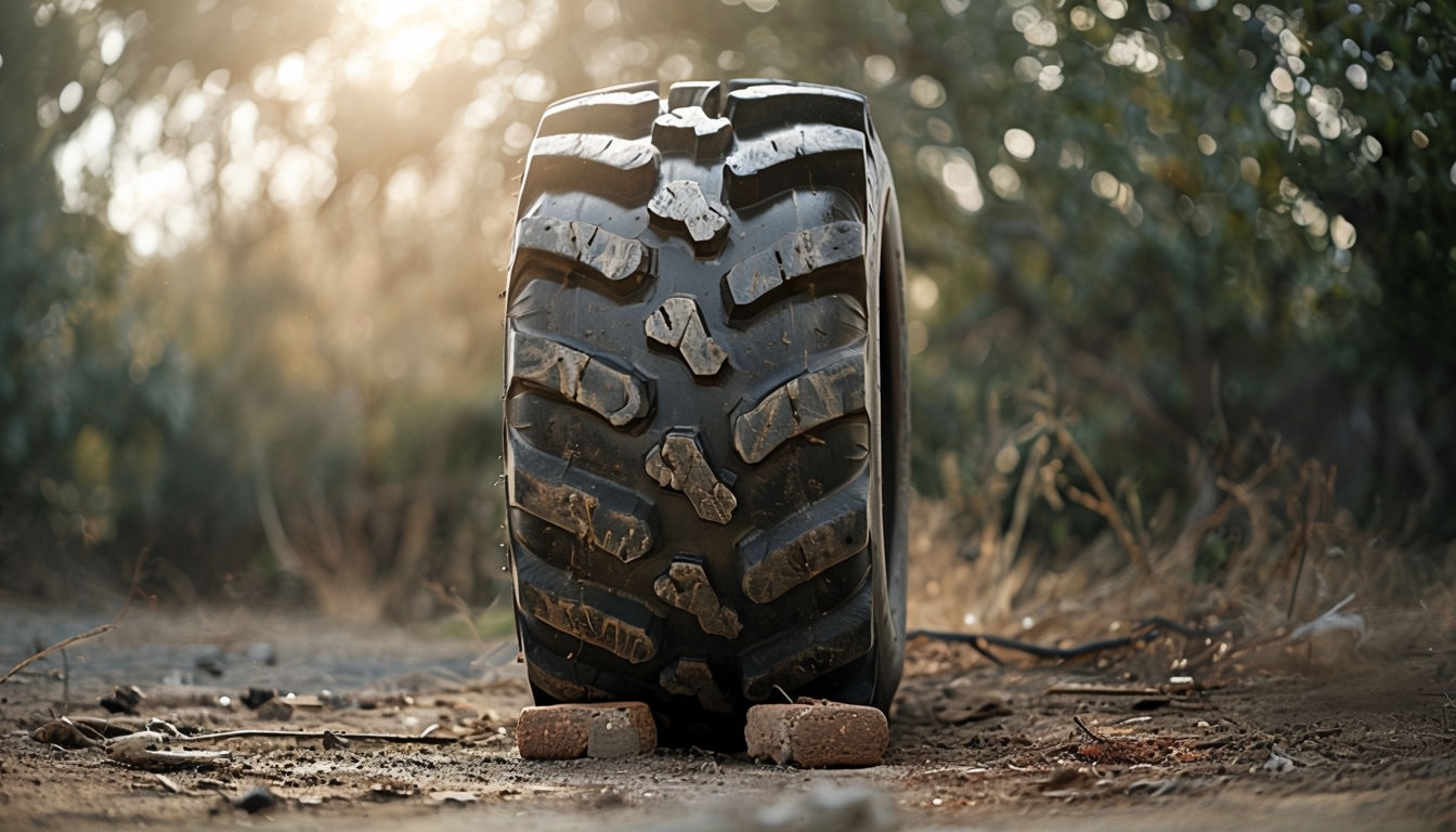 Weathered Tire Surrounded by Nature and Rustic Elements Background