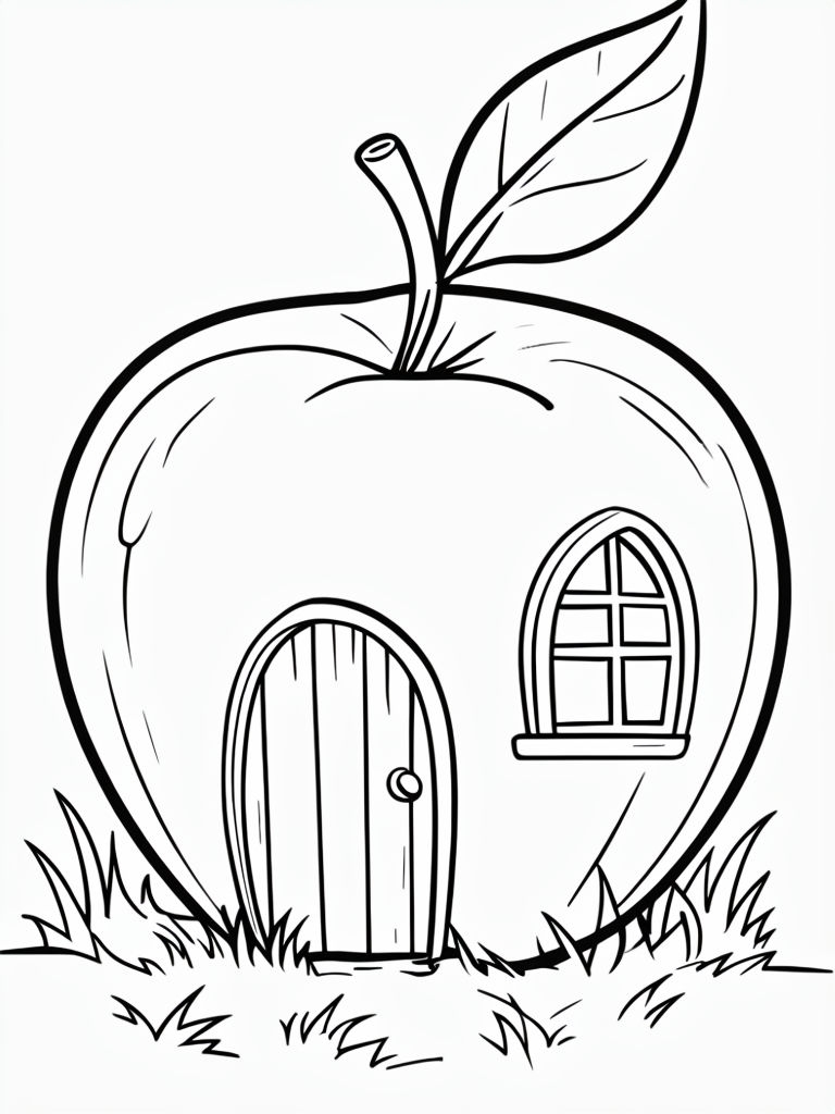 Whimsical Apple-Shaped House Line Drawing for Coloring Book Pages