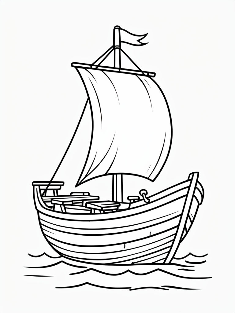Playful Cartoon Wooden Sailing Ship Outline for Kids Coloring Book Pages