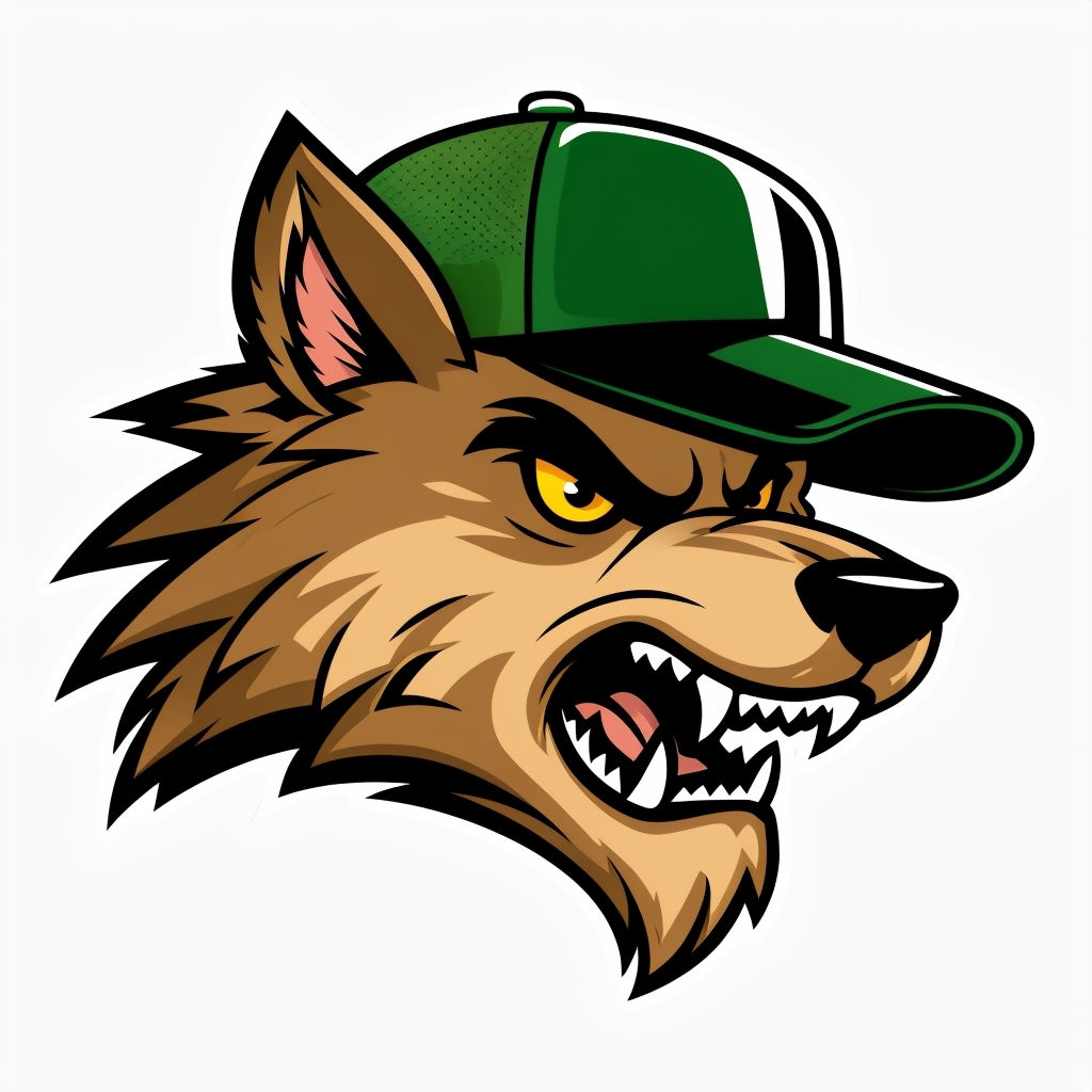 Aggressive Cartoon Wolf Head Illustration with Baseball Cap Sticker
